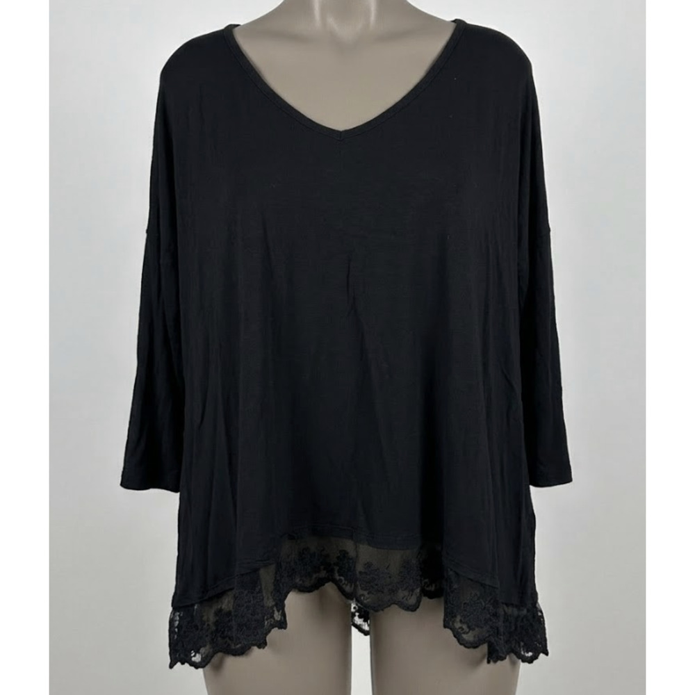 Ardene Blouse L Black Tunic 3/4 Sleeve V Neck Lace Hem Whimsigoth Minimalist
